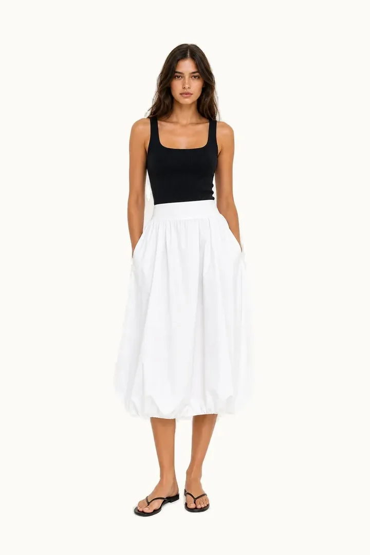 White poplin balloon midi skirt