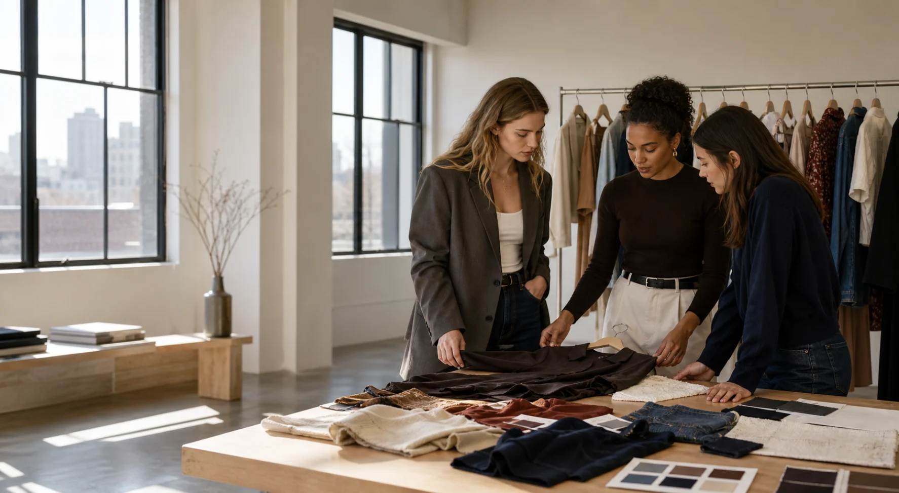 Young apparel buyers reviewing a contemporary women’s collection